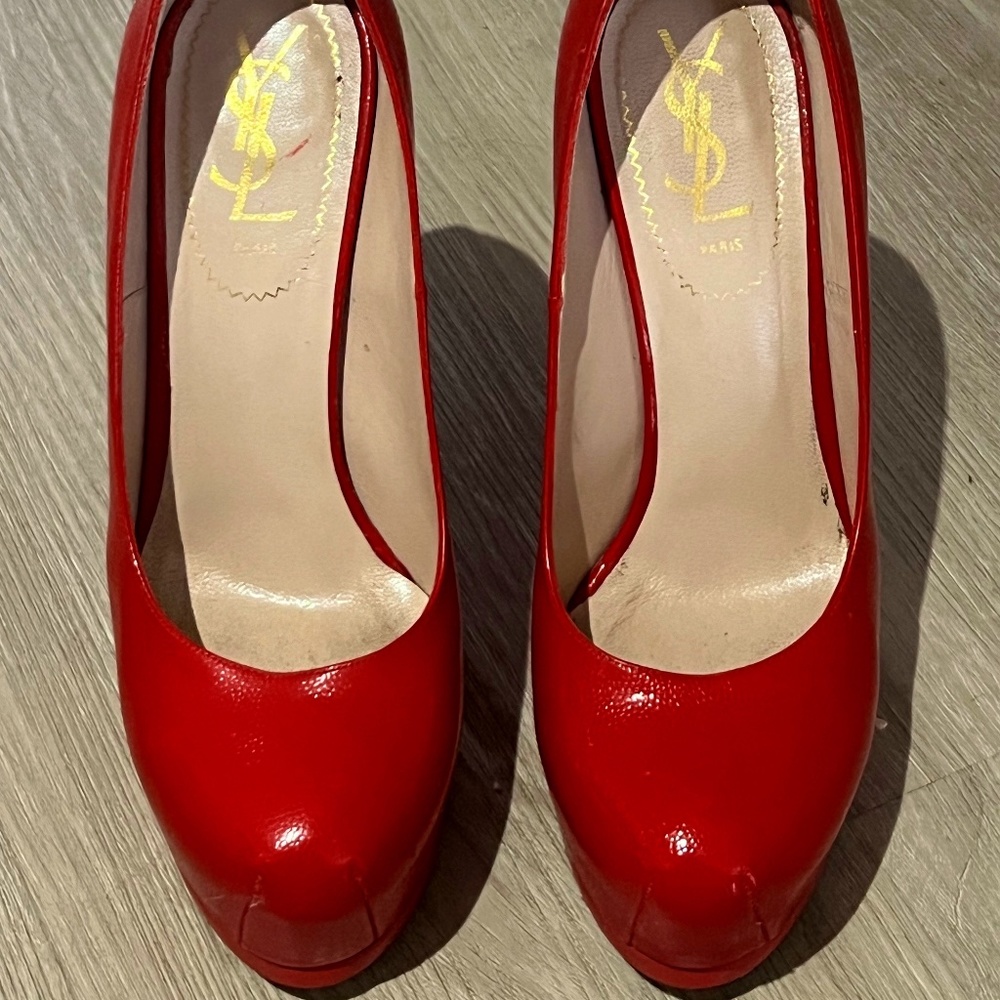Saint Laurent Women's Red Leather Tribtoo 105 Platform Heel Pump Size 37